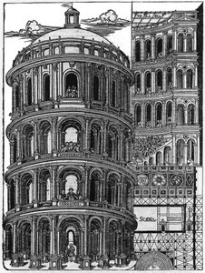 Plåt hämtad från boken "" De architectura"", behandlar arkitekturen av Marcus Vitrubius Pollio dit Vitruvio (1:a århundradet f.Kr.), romersk arkitekt. Italiensk upplaga av Gianbaptista Caporali di Perugia 1536. av Unknown artist
