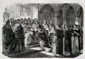 Påven Adrien II (792-872) överlämnade till en av sina legater en bubbla av bannlysning mot Lord Normand. Gravyr - i "" Påvarnas historia"", sd. 1800-talet. av Unknown artist