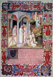 Påven Johannes XXII anförtror Odoric av Pordenone (franciskansk) uppdraget att evangelisera Overseas Sea. Män som leder rapphöns till Trabzon. Vapen och emblem av Jean Without Fears. Jean de Berrys vapen. Miniatyr i "" Itinerarium. Underverkens bok”, av Unknown artist