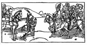 Påven Leo I möter Attila och stoppar honom - Gravyr från "Leben der Heiligen - sommerteil" (Helgonets bok) av Jacobus (James) av Voragine (1228-1298). Lübeck 1488. av Unknown artist