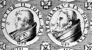 Påvarna Victor II (eller Victor 2 död 1057) och Stefan IX (eller Stefanus 9 död 1058). Gravyr av 1700-talet. av Unknown artist