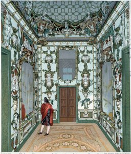 Porslinssalong i det kungliga palatset i Madrid. 1700-talsgravyr. Paris, Dekorativ konst av Unknown artist