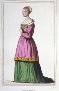 Porträtt av Agnes Sorel (1422-1450) (Lady of Beaute sur Marne) (Beaute-sur-Marne). Favorit hos kung Karl VII. gravyr från 1830 av Unknown artist