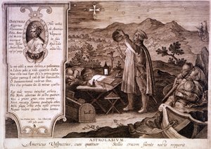 Porträtt av Amerigo Vespucci (1454 - 1512), italiensk navigatör, representerad när han använde en astrolabium. I en ruta till vänster finns ett porträtt av Dante Alighieri samt en passage av den första sången i skärselden av den gudomliga komedin. Gravyr f av Unknown artist