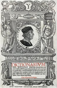Porträtt av Antonio Martinez de Cala sa Antonio de Nebrija (1441-1522) spansk humanist och grammatiker. Guardpage av hans ordbok, publicerad 1536. National Library of Madrid. av Unknown artist