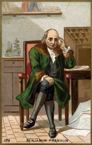 Porträtt av Benjamin Franklin (1706 - 1790), amerikansk politiker, minnesman, broschyr och fysiker. av Unknown artist