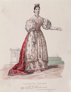 Porträtt av Caroline Ungher (Unger) som uppträder i I Normanni a Parigi (gravyr) av Unknown artist