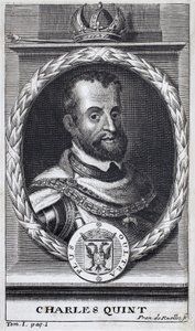Porträtt av Karl V (1500-1558), kung av Spanien och spanska Amerika, kung av Sicilien och kejsare av det heliga romerska riket germansk (1519-1556). Gravyr för att illustrera "History of the War of Flanders", av Flamianus Strada, upplagan Joseph T