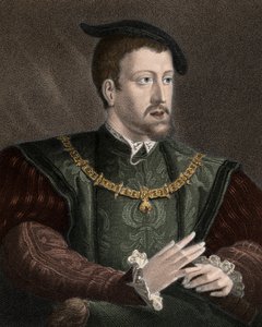 Porträtt av kejsar Karl V (1500-1558) med halsbandet av Guldfleeceorden - Karl V (1500-1558) bär kedjan av Guldfleeceorden runt halsen - gravyr - 1800-talet av Unknown artist