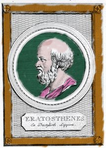 Porträtt av Eratosthene av Cyrene (ca 284 f.Kr. - 194 f.Kr.), grekisk vetenskapsman, geograf och poet. Han var chef för biblioteket i Alexandria och beräknade måttet på den jordiska meridianen. Porträtt av efteråt: "Galleria degli antichi greci e romani" av Unknown artist
