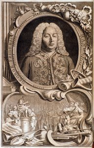 Porträtt av Georg Friedrich Handel (ou Handel) (1685-1759) Frontispice av "" Alexanders fest "" "1700-talet. Bologna, civilt bibliografiskt museum av Unknown artist