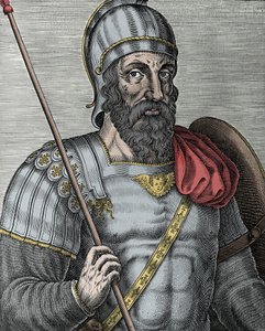 Porträtt av Godfrey av Bouillon (Godefroy de Bouillon) (1040/61-1100), frankisk riddare, en av ledarna för det första korståget - Gravyr 1500-talet av Unknown artist