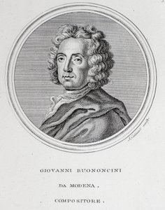 Porträtt av den italienska barockkompositören och cellisten Giovanni Battista Bononcini (1670-1747) Gravyr. 1700-talet. Bologna, civilt bibliografiskt museum av Unknown artist