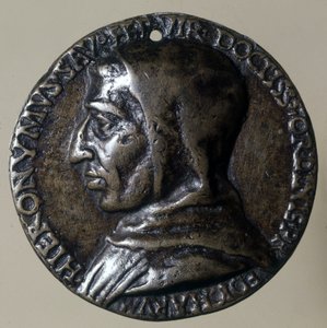 Porträtt av Jerome Savonarola eller Girolamo Savonarola (1452 - 1498), italiensk predikant. Han etablerade en teokratisk regim i Florens. Tidens medaljong. av Unknown artist