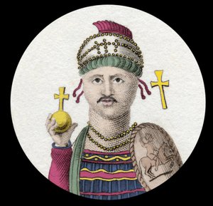 Porträtt av Justinianus I (Den store) (Flavius Petrus Sabbatius Justinianus) (482-565). Romersk kejsare av Orienten. Gravyr av 1800-talet. av Unknown artist