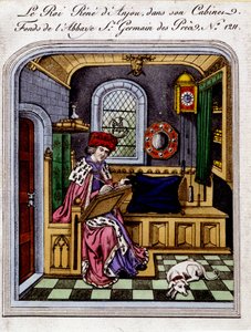 Porträtt av kung René av Anjou (1409-1480)”” kallar också René I av Neapel eller René av Sicilien, i sitt kabinett - gravyr efter en miniatyr av Unknown artist