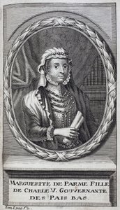 Porträtt av Margarita av Parma (eller Margarita av Österrike) (1522-1586), hertiginna av Parma och Piacenza, naturlig dotter till Karl V (1500-1558) och guvernant i Nederländerna (Nederländerna) från 1559-1581. Gravyr för att illustrera "History of the War av Unknown artist