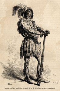 Porträtt av Osceola (1804-1838), ledare för seminoler, i spetsen för det indiska motståndet mot USA under Floridakriget (1835-1842). Gravyr för att illustrera berättelsen fyra månader i Florida, av Achille Pousselgue 1851-1852, publicerad av Unknown artist