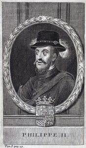 Porträtt av Filip II av Spanien (Felipe) (1527-1598), kung av Spanien och Portugal. Gravyr för att illustrera "History of the War of Flanders", av Flamianus Strada, upplagan Joseph T