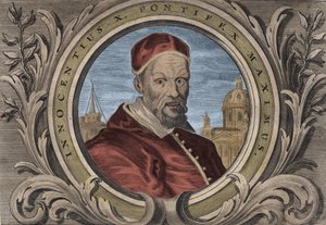 Porträtt av påven Innocentius X (Innocenzo, Innocentius eller Giovanni Battista Pamphili) (1644-1655). gravyr av Unknown artist