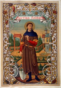 Porträtt av Saint Fiacre (gardner, eremitage nära Meaux), bok a.n.d. 1800-talet. av Unknown artist