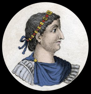 Porträtt av Theodosius I (Flavius Theodosius) (347-395), romersk kejsare, gravyr från 1800-talet. av Unknown artist
