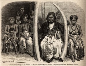 Porträtt av en afrikansk elfenbensförhandlare, omger hans fruar. Teckning av Emile Bayard (1837-1891), för att illustrera doktor Griffon du Bellays resa till Gabon 1861-64. Gravyr i "" Le tour du monde"", redigerad av Edouard Charton av Unknown artist