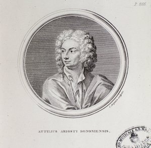 Porträtt av den italienske kompositören Attilius Ariosto (gravyr av Unknown artist