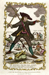 Porträtt av den franske briganden Louis Mandrin (ca 1725-1755). Bakom honom Autuns agerande och Baunes kamp. Gravyr av 1700-talet. Privat samling av Unknown artist