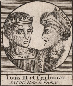 Porträtt av Ludvig III (863/65-882) francens kung mellan 879 och 882 och Carloman II (866-884), frankernas kung från 879 till 884 - Ludvig II, kung av Västfrankien och Carloman II, kung av västra Frankrike Francia - gravyr från "Instruction sur l