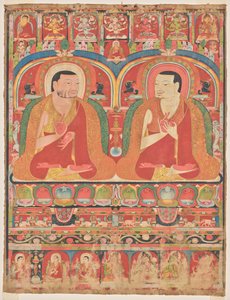 Porträtt av två härstamningsmästare från Kagyuorden: Phagmo Drupa (1110–1170) och Tashipel (1142–1210) av Unknown artist