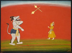 Pradyumna och Samvara slåss med Max: Leaf från "Large Basohli Bhagavata Purana" av Unknown artist