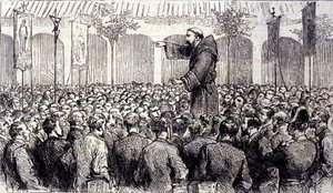 Predikation av en kapucinermunk till pelerinerna som kom till Lourdes i Höga Pyrenéerna där Jungfrun visade sig för Bernadette Soubirous (1844-1879) 1858, nuvarande pilgrimsfärdsort. Gravyr från 1877 av Unknown artist