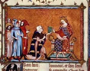Presentation av boken: Jean de Joinville (1224-1317) erbjuder sin bok till Ludvig, kung av Navarra framtida Ludvig X hutin. Miniatyr i "" Vie de Saint Louis"" av Unknown artist
