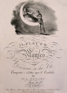 Prins Tamino tar emot den förtrollade flöjten av Nattens drottning, omslagsillustration av partitionsboken "" Den förtrollade flöjten"" (Die Zauberflote) (1791) av W.A. Mozart (1756-1792). Leonard de Selva samling. av Unknown artist