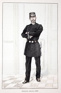 Överinspektör (1894). Etsning i färger, för illustration "" History of the Corps of Peacekeepers""" bok publicerad under beskydd av Louis Lepine (1846-1933), prefekt för polisen på Seine, av Alfred Rey (1864-?) och Louis Feron (1862) -?) av Unknown artist