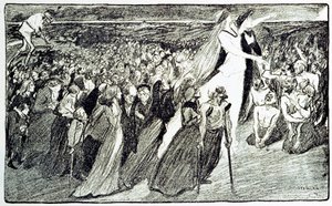 Procession under pilgrimsfärden i Lourdes, allegori av Theophile Alexandre Steinlen (1859 - 1923) som illustrerar "Lourdes" av Emile Zola (1840-1902) hämtad från "Gil Blas illustrious"" av Unknown artist
