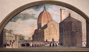 Procession på katedralen Santa Maria del Fiore-torget, Florens (målning, ca 1650) av Unknown artist