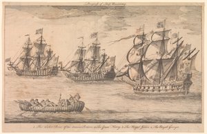 Fartygsbyggandets utveckling. 1. De gamla britternas korgbåt 2. Den store Harry 3. Den kungliga James 4. Den kunglige George av Unknown artist