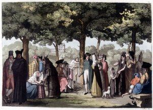 Promenad av esplanaden i Barcelona. 1800-tals litografi. av Unknown artist