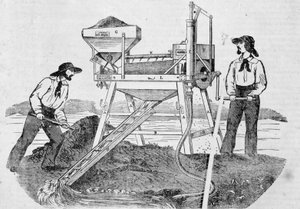 Pub "The Fortune, Company of the Gold Mines of California"": bild som visar två guldgrävare som arbetar i tvättmaskiner och blandar guld - i "" the Charivari"" den 25 juni av Unknown artist