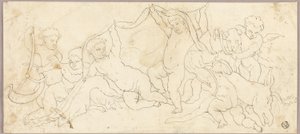 Putti på lek med rådjur och hund av Unknown artist