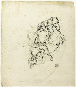 Putto krönt med lagerkrans, på springande häst av Unknown artist