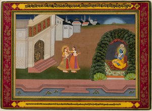 Radhas förtrogna tar henne till Krishna, baserad på Biharis poesi (indian, 1595–1663) av Unknown artist