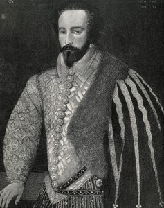 Raleigh, Sir Walter (1554-1618). Engelsk sjöman, upptäcktsresande och mäklare. Porträtt av Sir Walter Raleigh. Graverad 1891, utförd efter ett anonymt original som finns bevarat på National Portrait Gallery i London. Gravyr. av Unknown artist