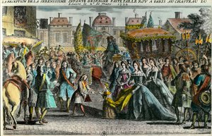 Mottagande av Spaniens spädbarn Marie Anne Victoire (1718-1781) av kung Ludvig XV i Paris vid Louvren den 2 mars 1722. Mariana Victoria de Borbon förlovades vid 3 års ålder med Ludvig XV vid 11 års ålder. 1700-talet. Privat samling av Unknown artist