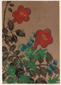 Röda och blå blommor och bladverk av Unknown artist