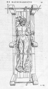 Minskning av frakturer: en man är fixerad på en bår, hans brutna arm sträcks mellan de två axlarna. Tallrik illustrerad av "" De dissectione partium corporis humani lbri tres... "" av Carlo Stefano Riverio, Paris 1545. av Unknown artist