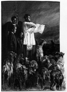 Religiösa riter: Exorcismceremoni på stadens torg under Kristi himmelsfärdsnatt. Siciliens gravyr från 1800-talet av Unknown artist