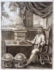René Descartes (1596 - 1650) på sitt kontor med vetenskaplig utrustning. Gravyr av 1600-talet. av Unknown artist